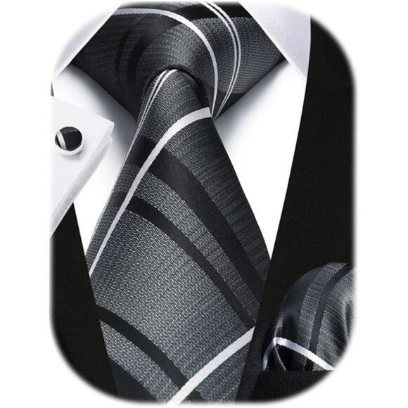 Mens Silk Tie Set Stripe Plaid Necktie with Pocket Square Cufflinks Wedding - Picture 1 of 7